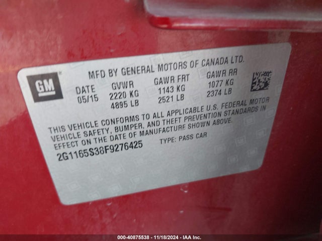 Chevrolet IMPALA 2LZ 2015 2G1165S38F9276425 Image 9