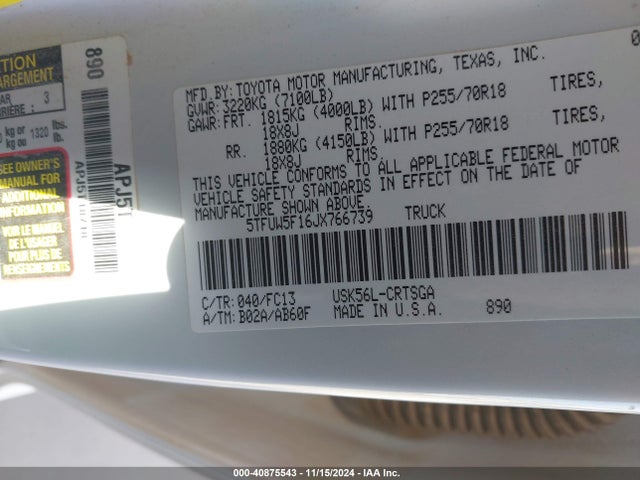 5TFUW5F16JX766739 Toyota Tundra Sr5 5.7l V8