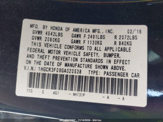 1HGCR3F09GA020538 Honda Accord Ex-l V-6