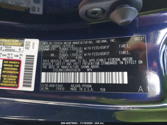 5TDJRKEC6MS050638 Toyota SIENNA XLE