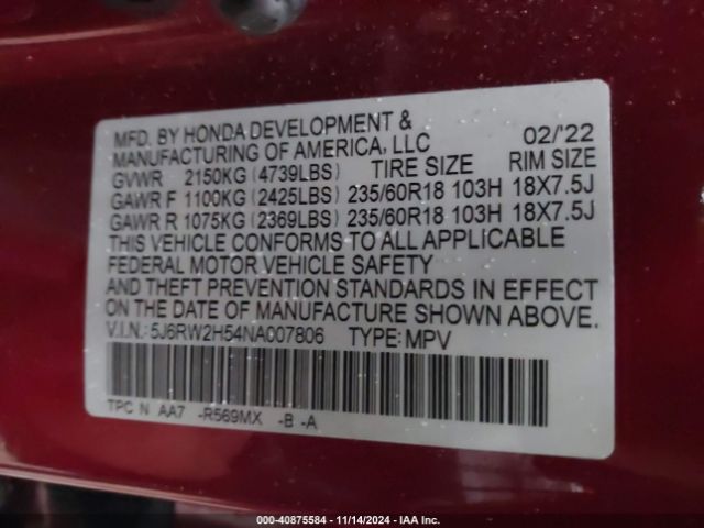 5J6RW2H54NA007806 Honda Cr-v Awd Ex