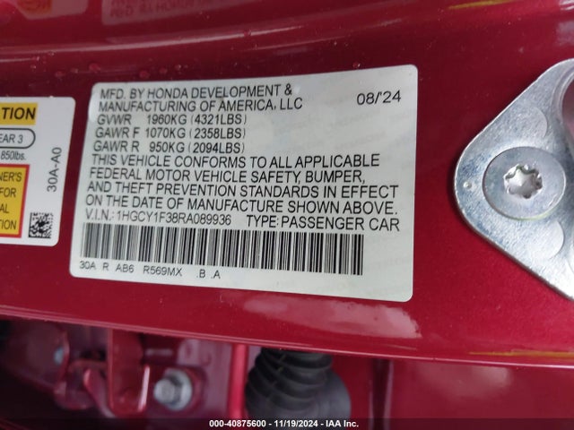 Honda ACCORD EX 2024 1HGCY1F38RA089936 Image 9