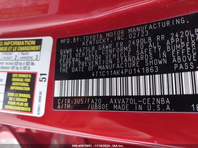 4T1C11AK4PU141863 Toyota CAMRY LE