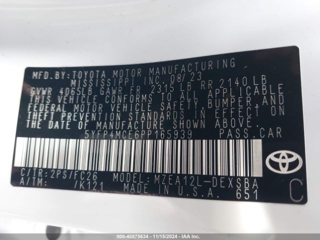 5YFP4MCE6PP165939 Toyota COROLLA SE