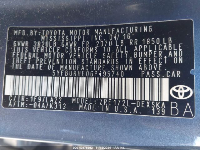 5YFBURHE0GP495740 Toyota Corolla S Premium