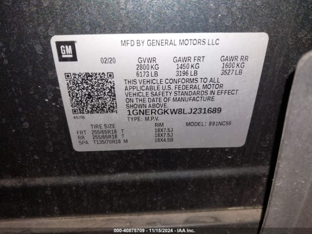 1GNERGKW8LJ231689 Chevrolet Traverse Fwd Lt Cloth