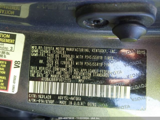 4T3BA3BB9FU072115 Toyota Venza Xle