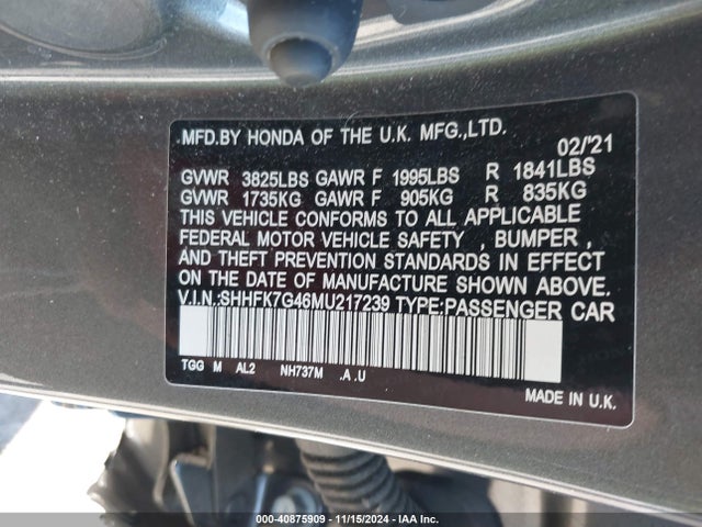 SHHFK7G46MU217239 Honda Civic Sport