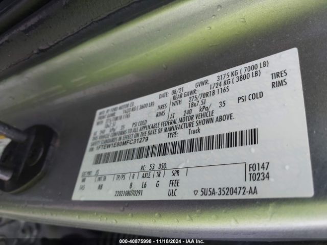 1FTEW1E80MFC31279 Ford F-150 Tremor