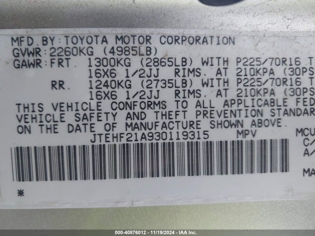Продаж на аукціоні авто 2003 Toyota Highlander Limited V6, vin: JTEHF21A930119315, номер лоту: 40876012