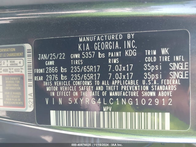 KIA SORENTO LX 2022 5XYRG4LC1NG102912 Image 9