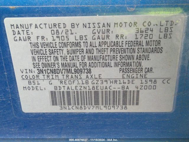 3N1CN8DV7ML909738 Nissan Versa S Xtronic Cvt