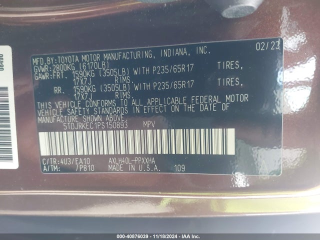 5TDJRKEC1PS150893 Toyota SIENNA XLE