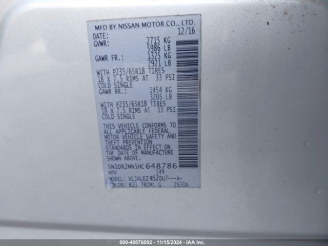 5N1DR2MN5HC648786 Nissan Pathfinder Sv
