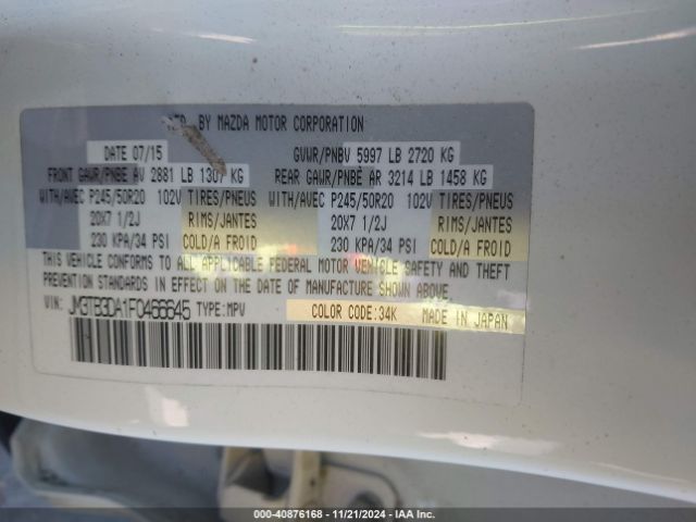 JM3TB3DA1F0466645 Mazda Cx-9 Grand Touring