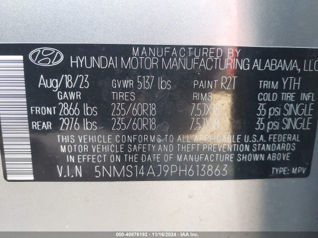 5NMS14AJ9PH613863 Hyundai Santa Fe Se