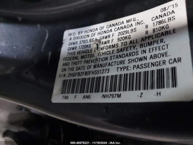 Honda CIVIC EX 2015 2HGFB2F80FH551273 Image 9