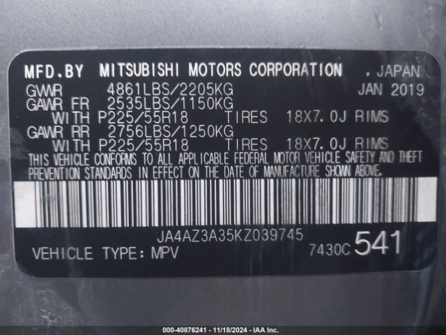 JA4AZ3A35KZ039745 Mitsubishi Outlander Sel