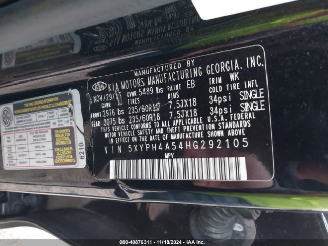 5XYPH4A54HG292105 KIA Sorento 3.3l Ex