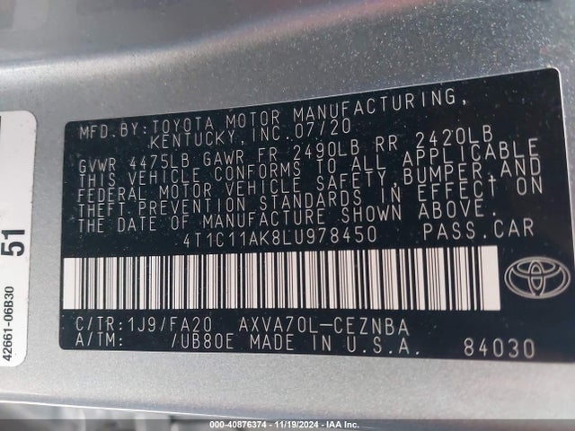 Toyota CAMRY LE 2020 4T1C11AK8LU978450 Image 9