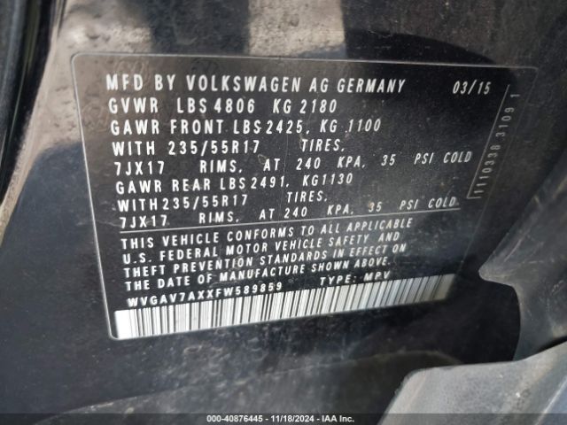 WVGAV7AXXFW589859 Volkswagen TIGUAN SE