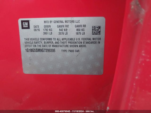 1G1BG5SM9G7299306 Chevrolet Cruze Premier Auto