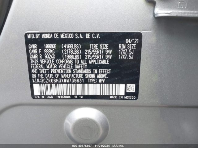 3CZRU6H3XMM739631 Honda Hr-v Awd Lx