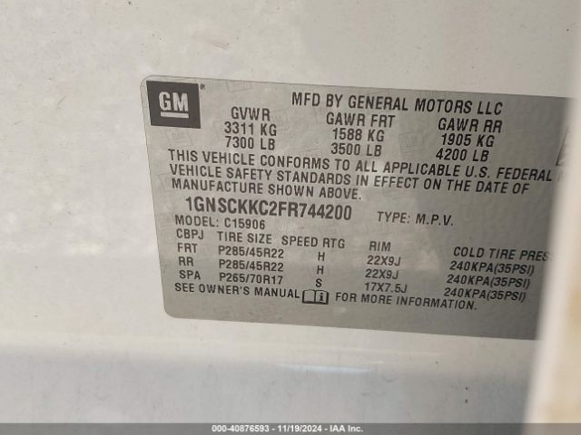 1GNSCKKC2FR744200 Chevrolet Suburban 1500 Ltz