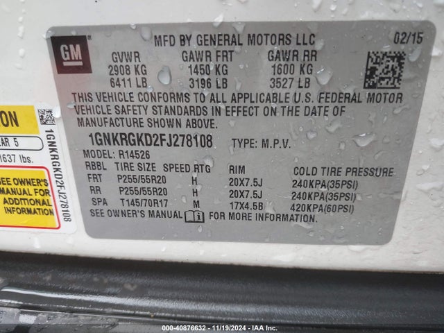 Chevrolet Traverse 1lt 2015 1GNKRGKD2FJ278108 Image 9