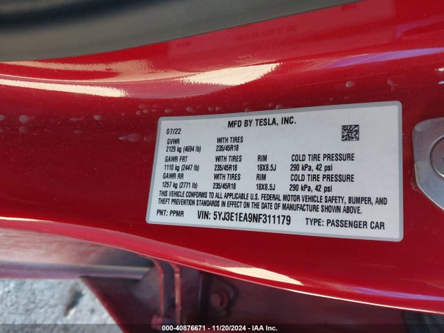 2022 TESLA MODEL 3 5YJ3E1EA9NF311179 Photo 8