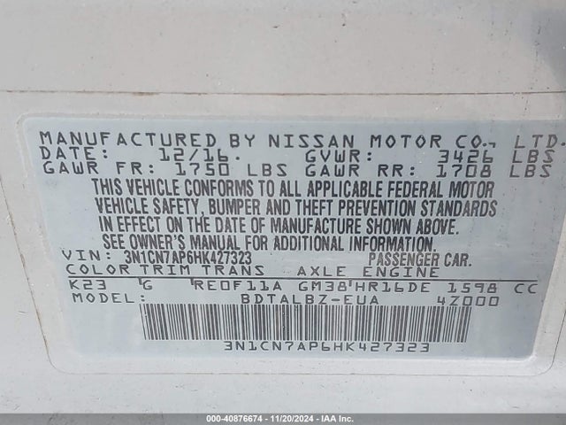 Nissan Versa 1.6 Sv 2017 3N1CN7AP6HK427323 Image 9