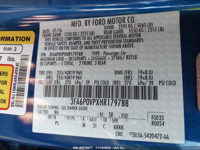 3FA6P0VPXHR179788 Ford Fusion Sport