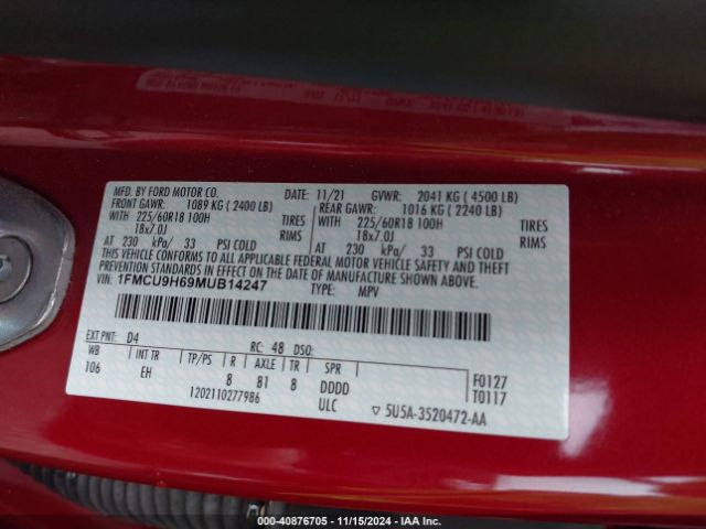 1FMCU9H69MUB14247 Ford ESCAPE SEL