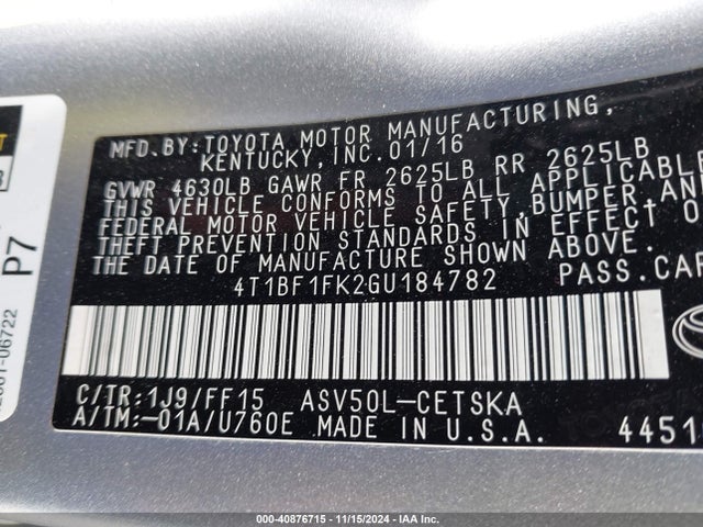 Toyota CAMRY SE 2016 4T1BF1FK2GU184782 Image 9
