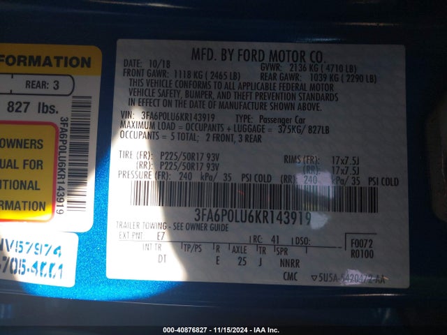 Ford Fusion Hybrid Se 2019 3FA6P0LU6KR143919 Image 9