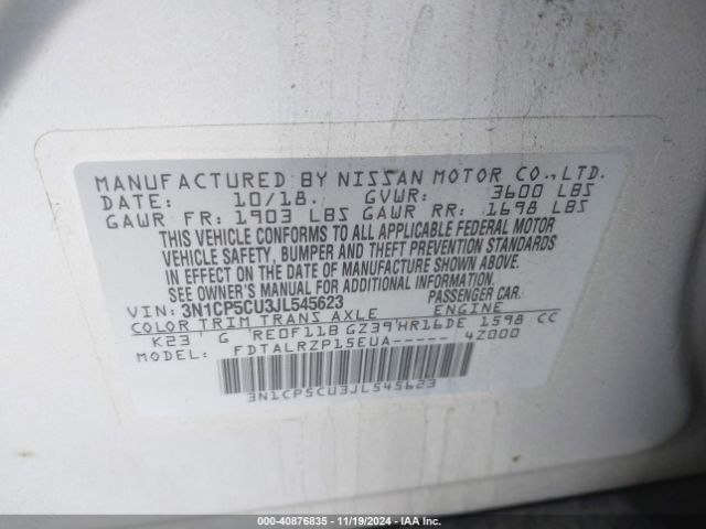 3N1CP5CU3JL545623 Nissan KICKS S