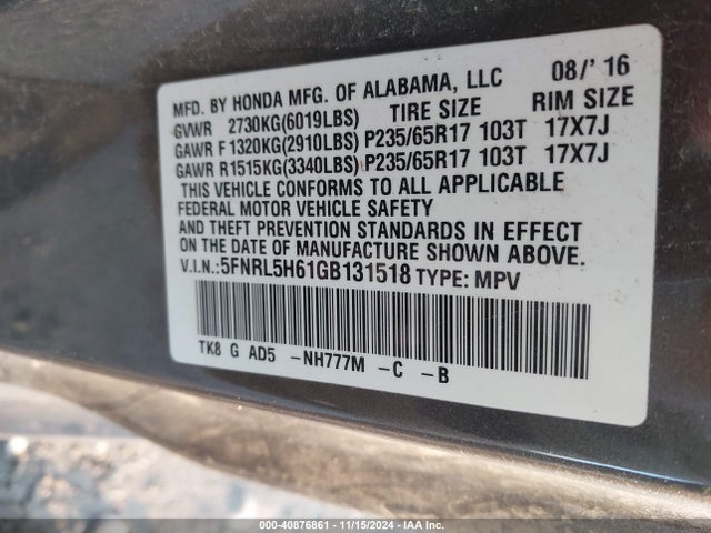 Honda Odyssey Ex-l 2016 5FNRL5H61GB131518 Image 9