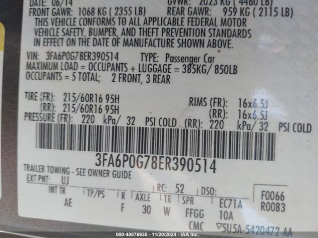 3FA6P0G78ER390514 Ford FUSION S
