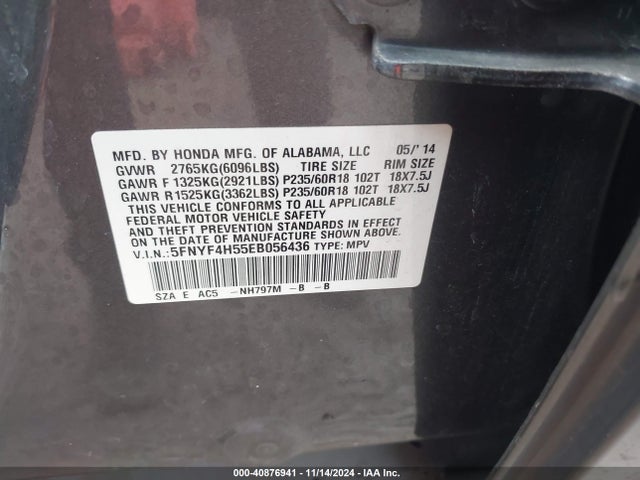 Honda Pilot Ex-l 2014 5FNYF4H55EB056436 Image 9