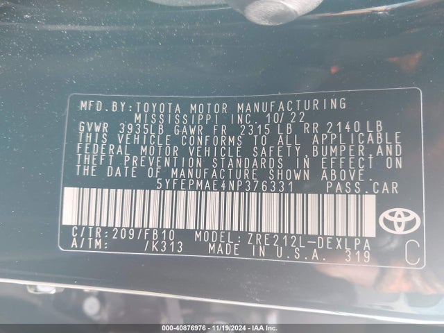 Toyota COROLLA LE 2022 5YFEPMAE4NP376331 Image 9