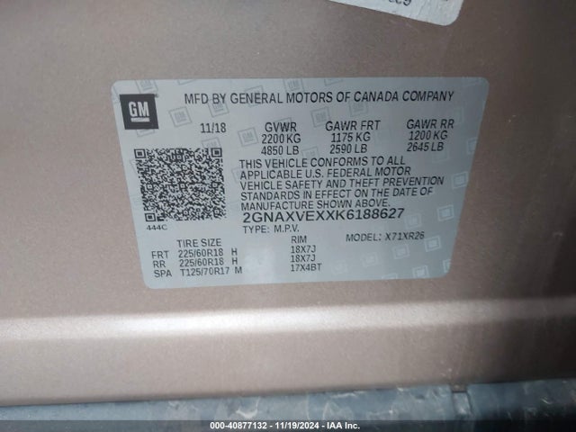 2GNAXVEXXK6188627 Chevrolet EQUINOX LT