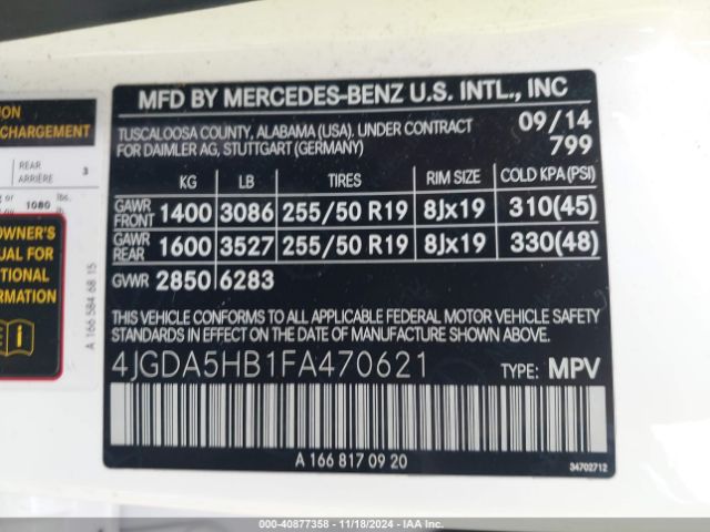 4JGDA5HB1FA470621 Mercedes-Benz Ml 350 4matic