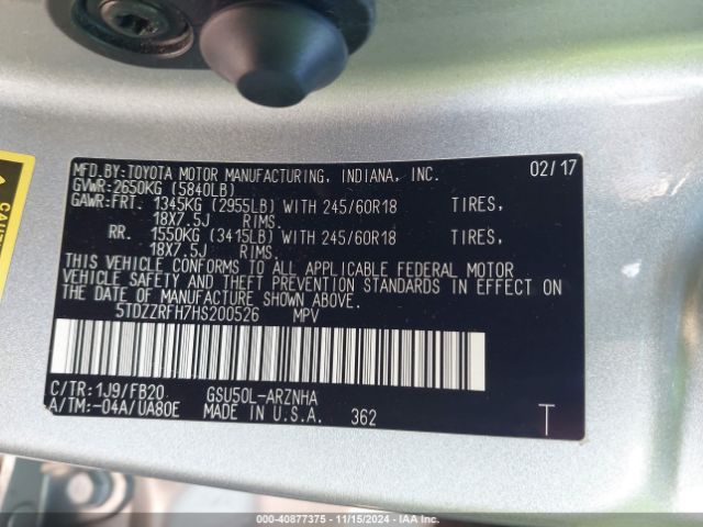 5TDZZRFH7HS200526 Toyota Highlander Le