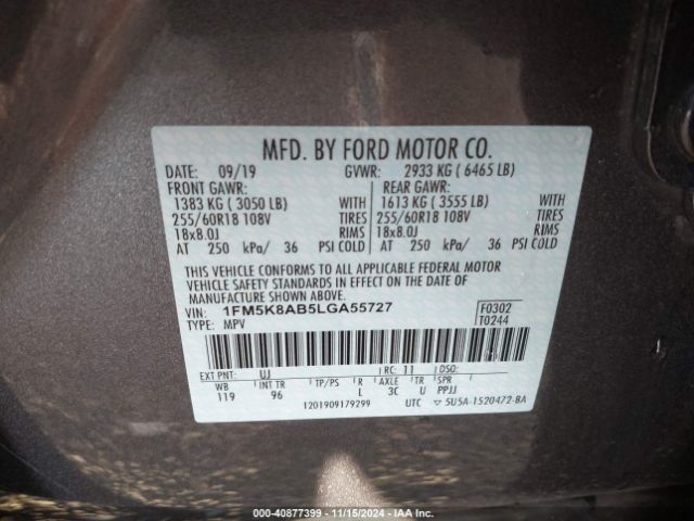 1FM5K8AB5LGA55727 Ford Police Interceptor Utility