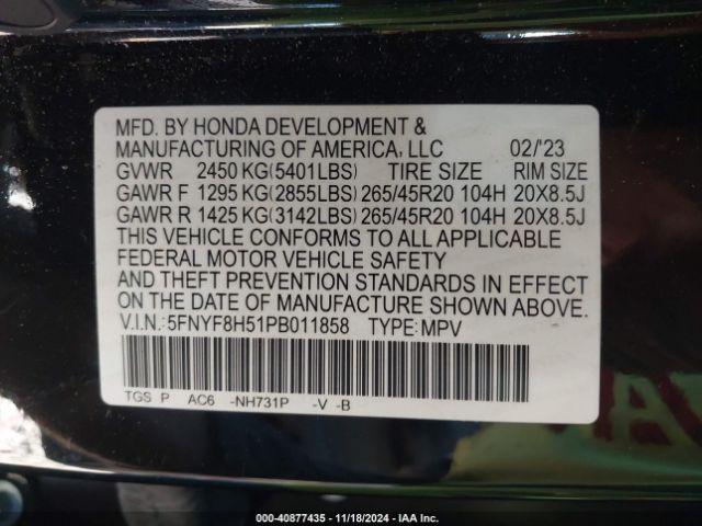 5FNYF8H51PB011858 Honda Passport Awd Ex-l
