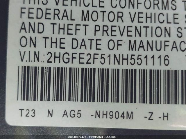2HGFE2F51NH551116 Honda Civic Sport