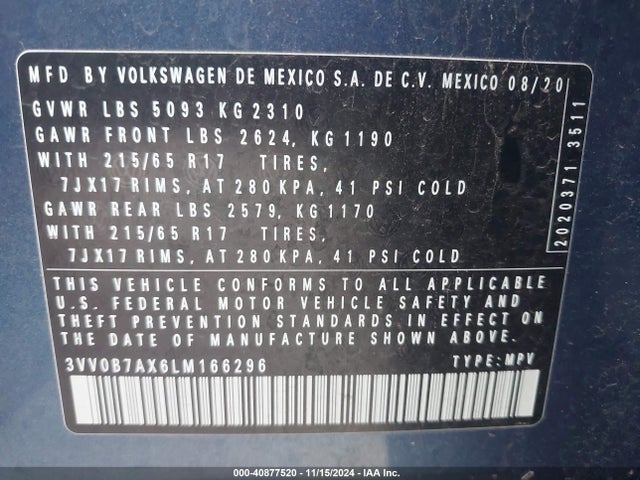 3VV0B7AX6LM166296 Volkswagen Tiguan 2.0t S