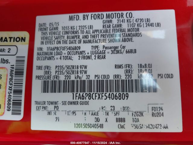 1FA6P8CFXF5406809 Ford MUSTANG GT