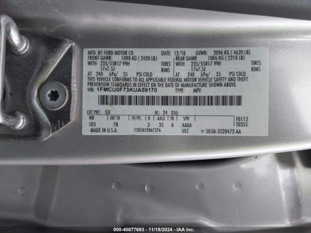 1FMCU0F73KUA59170 Ford ESCAPE S
