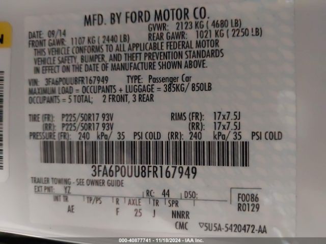3FA6P0UU8FR167949 Ford Fusion Hybrid S